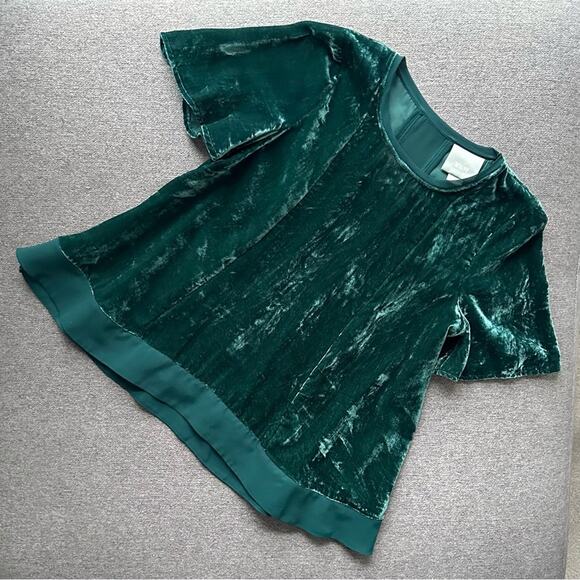 Anthropologie Maeve Emerald Green Velvet Chiffon Mesh Floaty Blouse XS - Picture 1 of 7